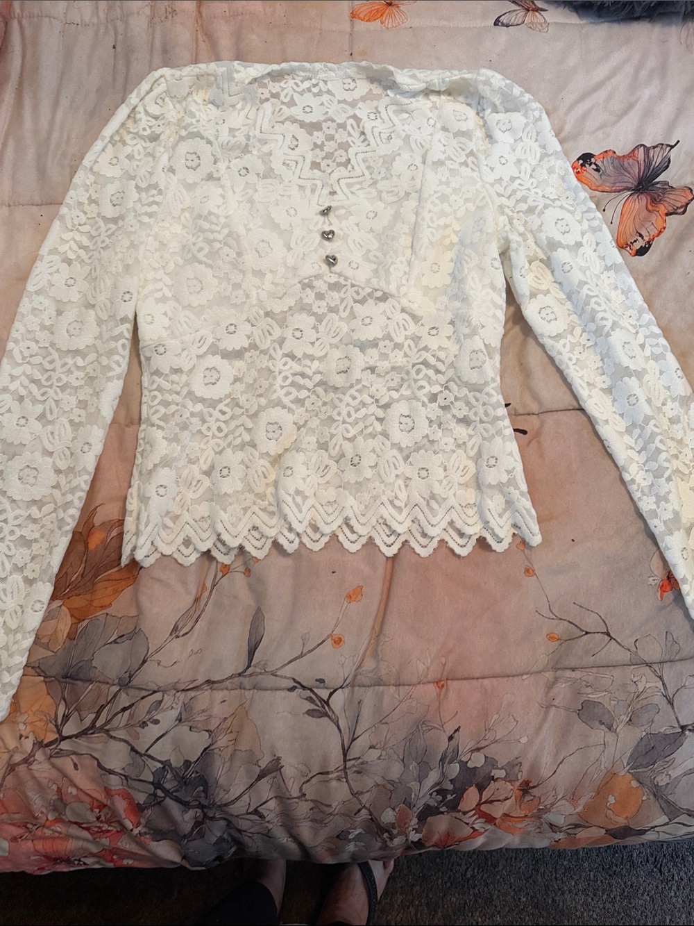 Lace Long-Sleeve Women's Top in White bra attached to the the front.